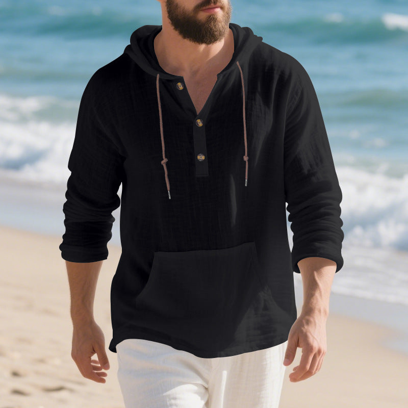 Men's lightweight hooded henley made of linen-cotton blend with kangaroo pocket and button placket Mune Fashion