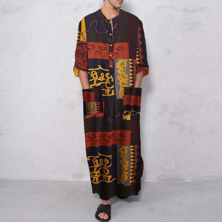Ladies' Ethno-Maxi dress with stand-up collar, short button placket, dropped sleeves, and A-line cut Mune Fashion