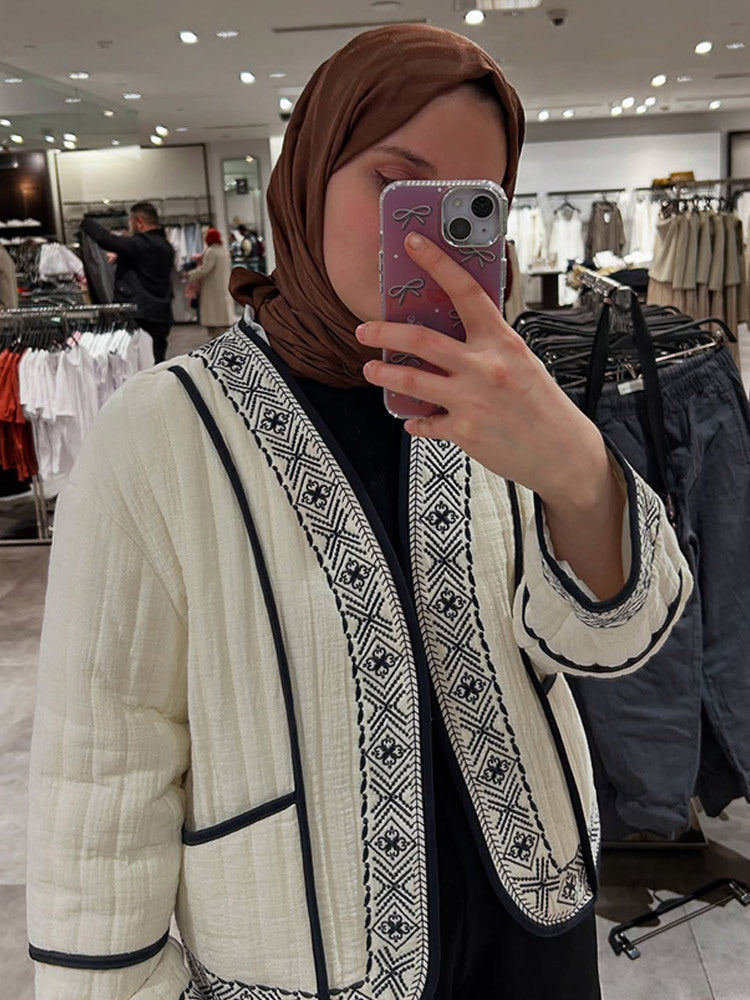Women Quilted Kimono Cardigan with Geometric Embroidery Mune Fashion