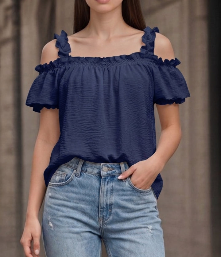Women's Off-Shoulder Crinkle Top with Smocked Bandeau, Ruffled Straps and Wing Sleeves Mune Fashion