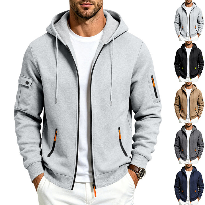 Men's Hooded Zipper Jacket with Arm Pockets, Contrast Zipper and Ribbed Cuffs Mune Fashion