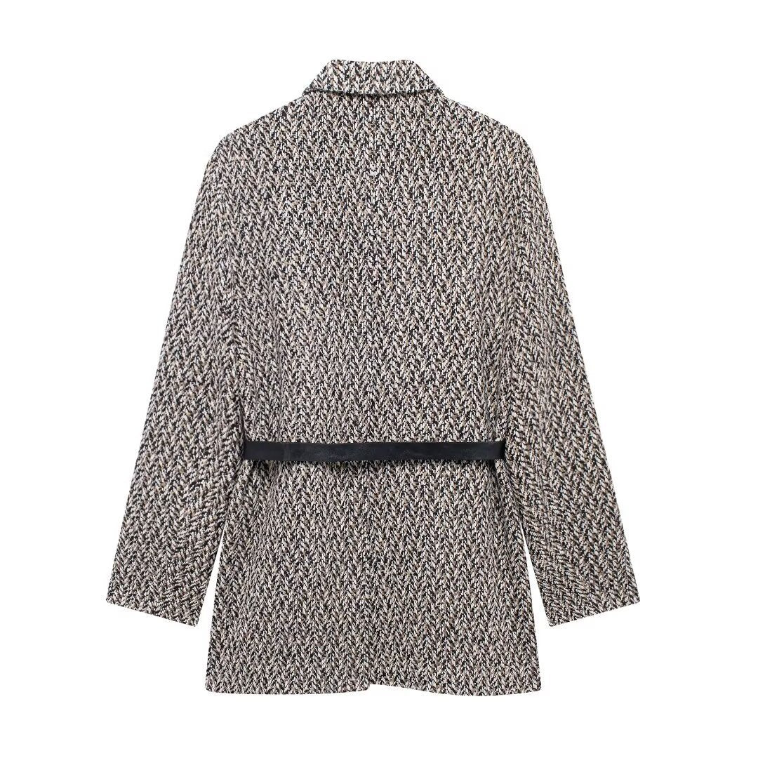 Women's Midi Length Boucle Tweed Blazer Jacket with Faux Leather Belt Mune Fashion