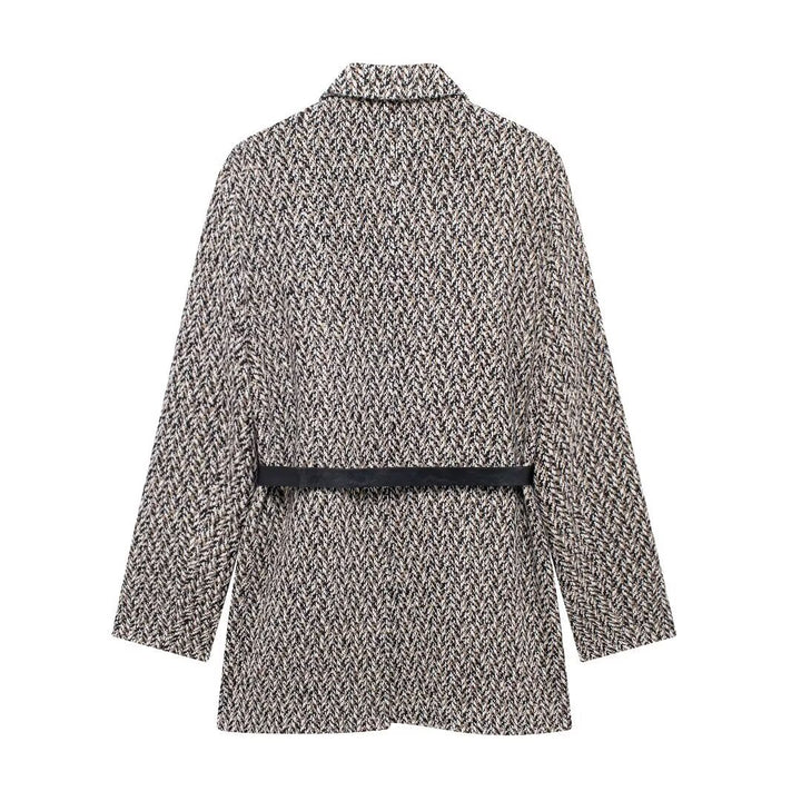 Women's Midi Length Boucle Tweed Blazer Jacket with Faux Leather Belt Mune Fashion
