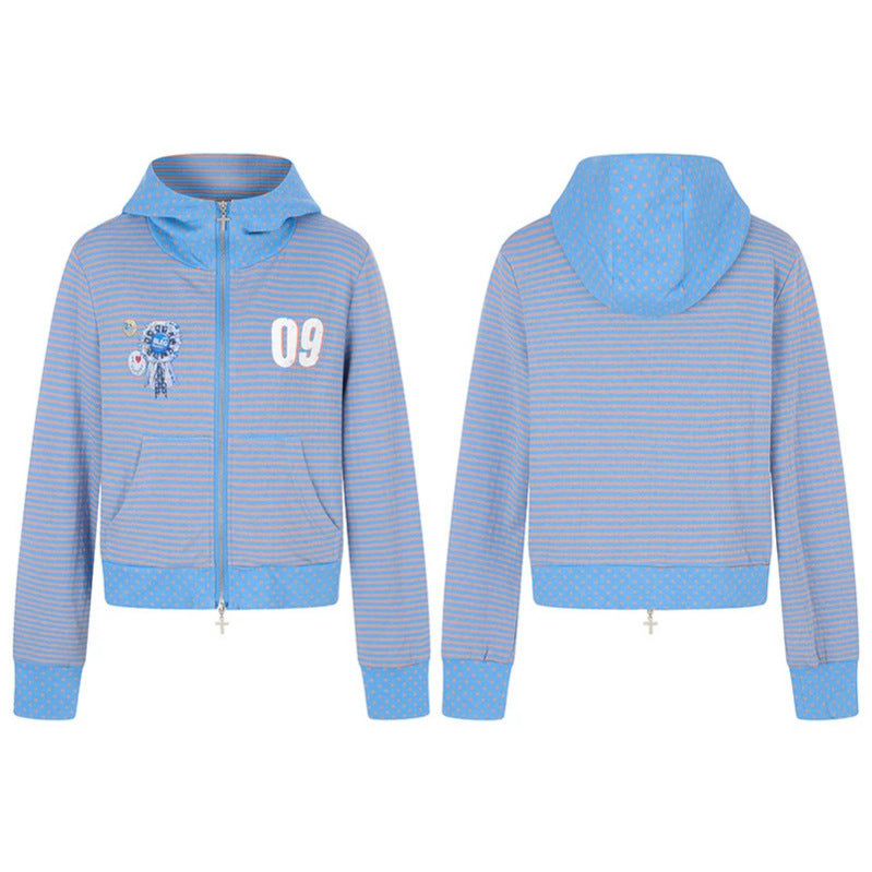 Women's Short Hoodie Sweat Jacket in Stripe Mix with Full Zipper and Placket Application Mune Fashion