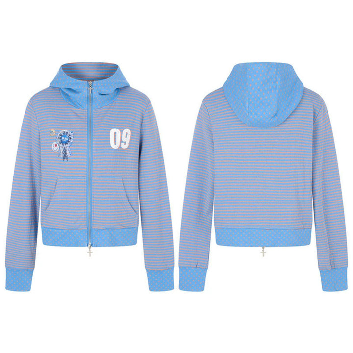 Women's Short Hoodie Sweat Jacket in Stripe Mix with Full Zipper and Placket Application Mune Fashion