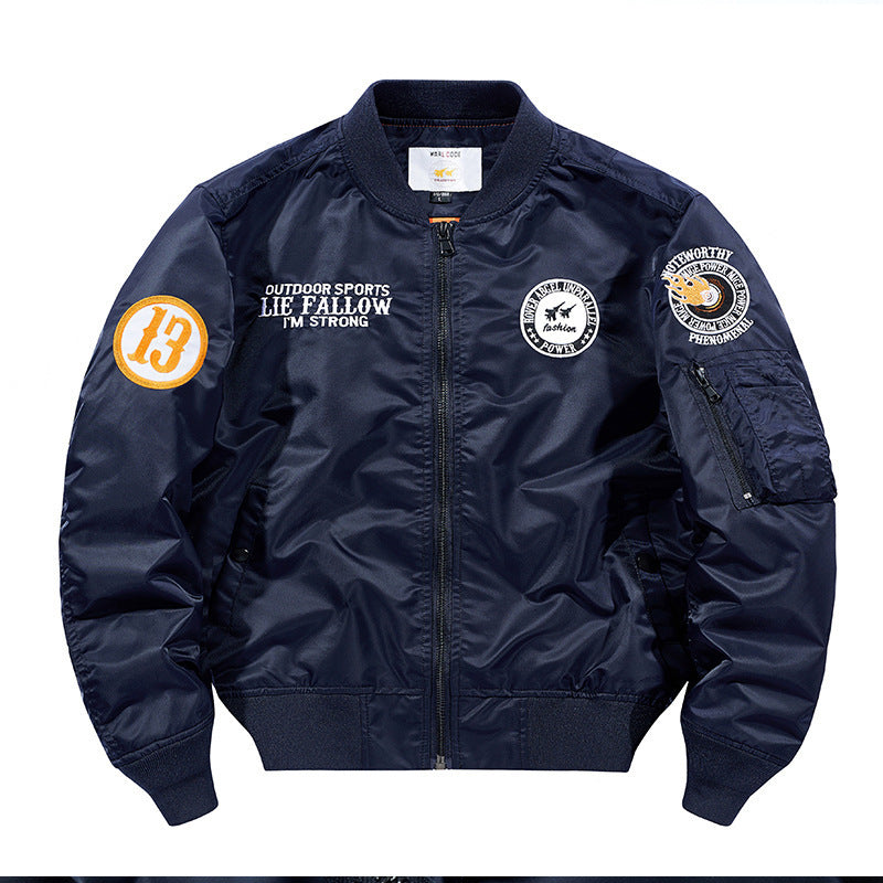 Men's lightweight pilot bomber jacket with badge appliqués, arm pocket, and ribbed cuffs Mune Fashion