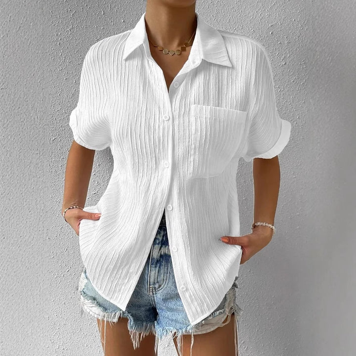 Women's crinkle effect shirt blouse with breast pocket, rolled sleeves and loose fit Mune Fashion