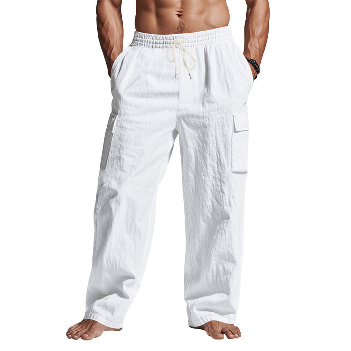 Men's loose linen cargo pants with elastic drawstring waistband and patch flap pockets Mune Fashion