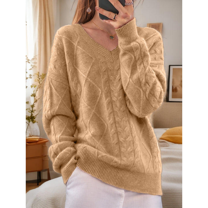 Ladies nan cuddly V-neck cable knit sweater with oversized cut and ribbed finishes Mune Fashion