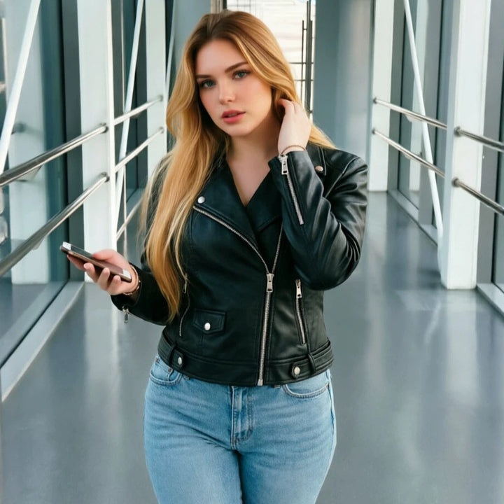 Ladies Trendy Biker Jacket made of high-quality Faux Leather Mune Fashion