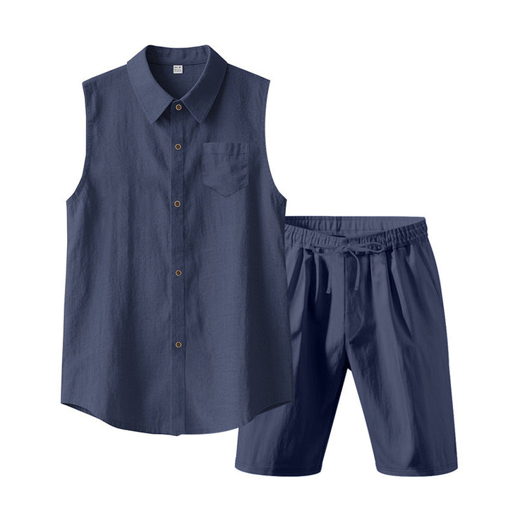 Men's sleeveless shirt and shorts set made of cotton-linen with kent collar and elastic drawstring waistband Mune Fashion