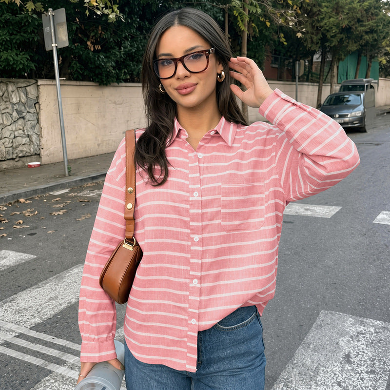 Women's Casual Striped Oversize Shirt Blouse in Linen Look with Breast Pocket Mune Fashion