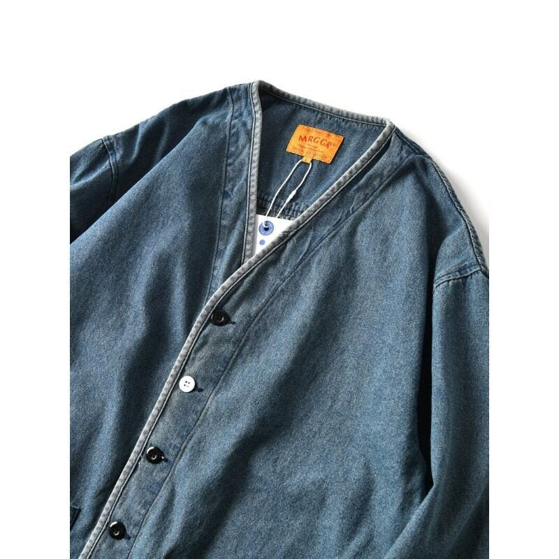 Men's denim chore jacket in worker look with V-neck and patch pockets Mune Fashion