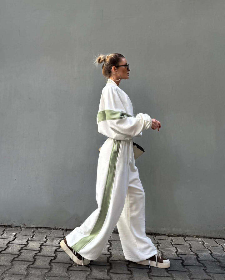 Women's Two-Piece Oversized Windbreaker Set with Contrast Stripes, Elastic Hem and Drawstring Pants Mune Fashion