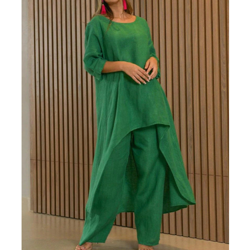 Women Lightweight Linen Two-Piece with Asymmetrical High-Low Tunic and Wide Palazzo Pants Mune Fashion