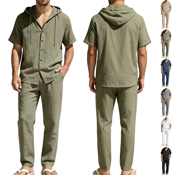 Men's airy linen lounge set with short-sleeved hoodie and straight relaxed pants Mune Fashion
