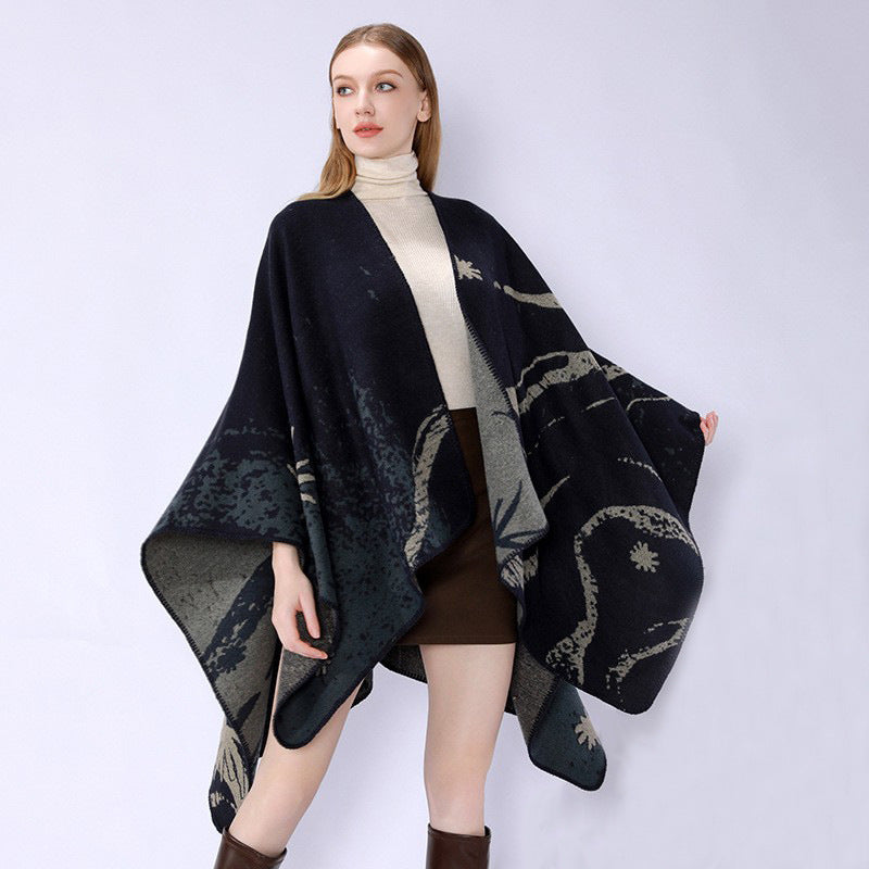 Women's Oversized Jacquard Wrap Cape made of fine knit with asymmetrical hem Mune Fashion