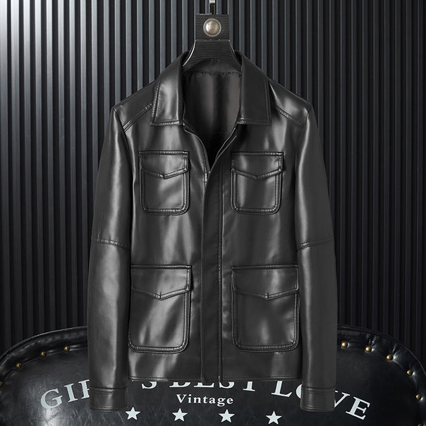 Men's smooth artificial leather field jacket with four patch pockets Mune Fashion