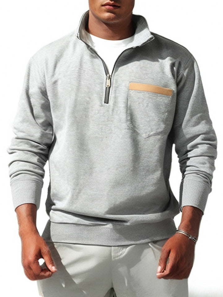 Men's finely structured half-zip fine knit pullover with stand-up collar, chest pocket, and slim silhouette Mune Fashion