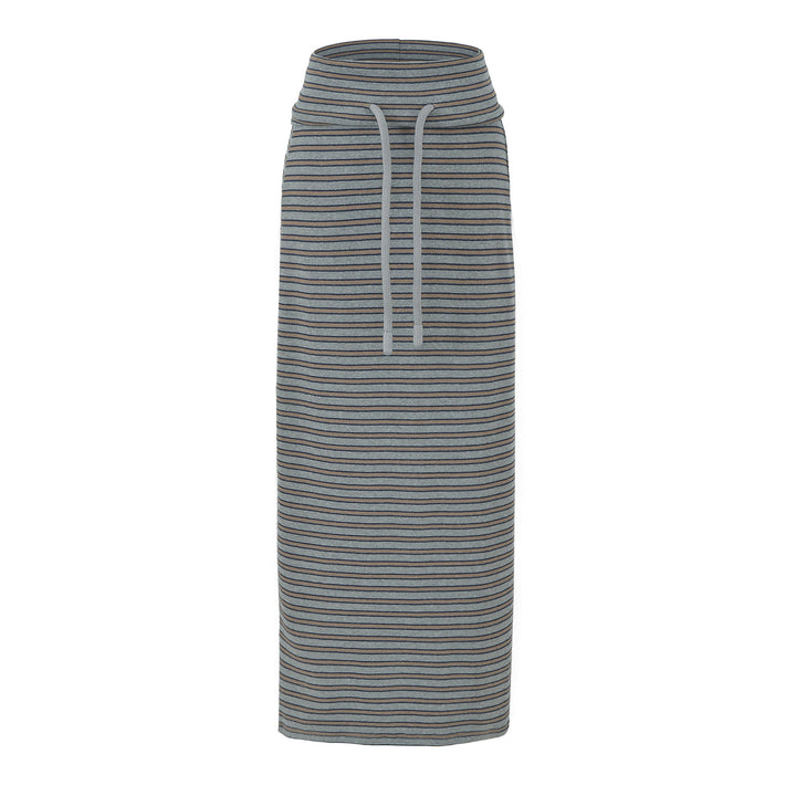 Women's Striped Midi Skirt made of Stretch Jersey with High Waistband and Drawstring Mune Fashion