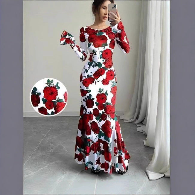 Women's fitted maxi dress with mermaid cut, long bell sleeves, and ruffled hem Mune Fashion