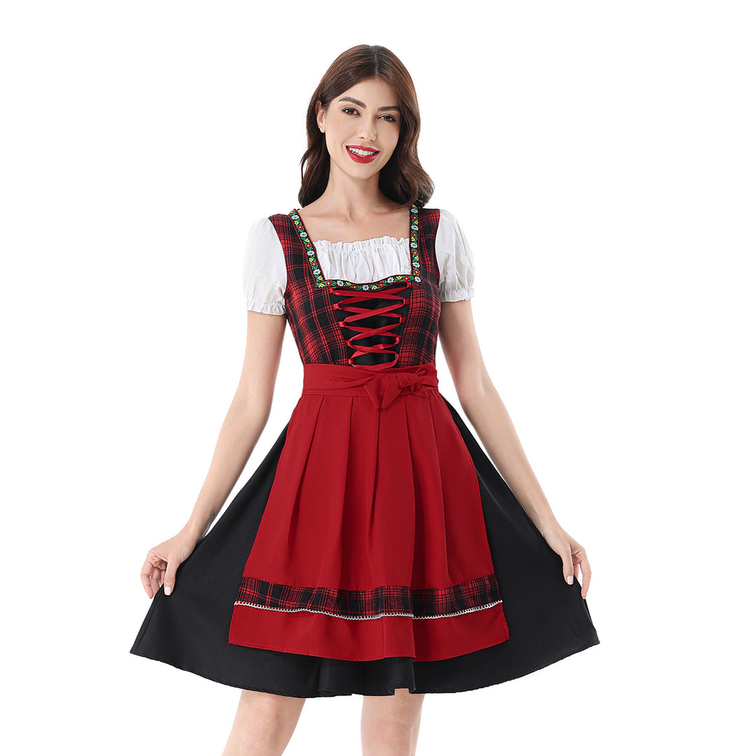 Ladies traditional Dirndl dress with checked bodice, lacing, puff sleeves, and apron Mune Fashion