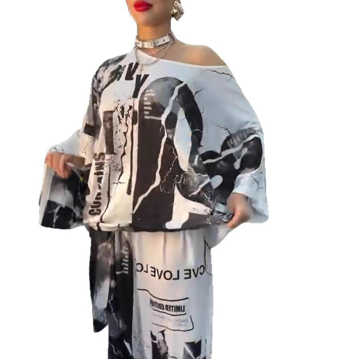Ladies two-piece wide satin leisure set with off-shoulder batwing top and palazzo pants Mune Fashion