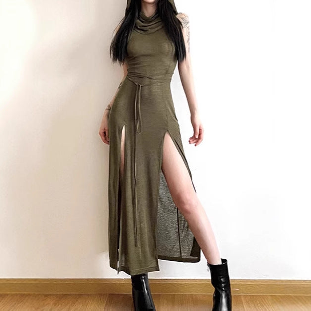 Women Elegant Maxi Dress with High Slit and Hood Mune