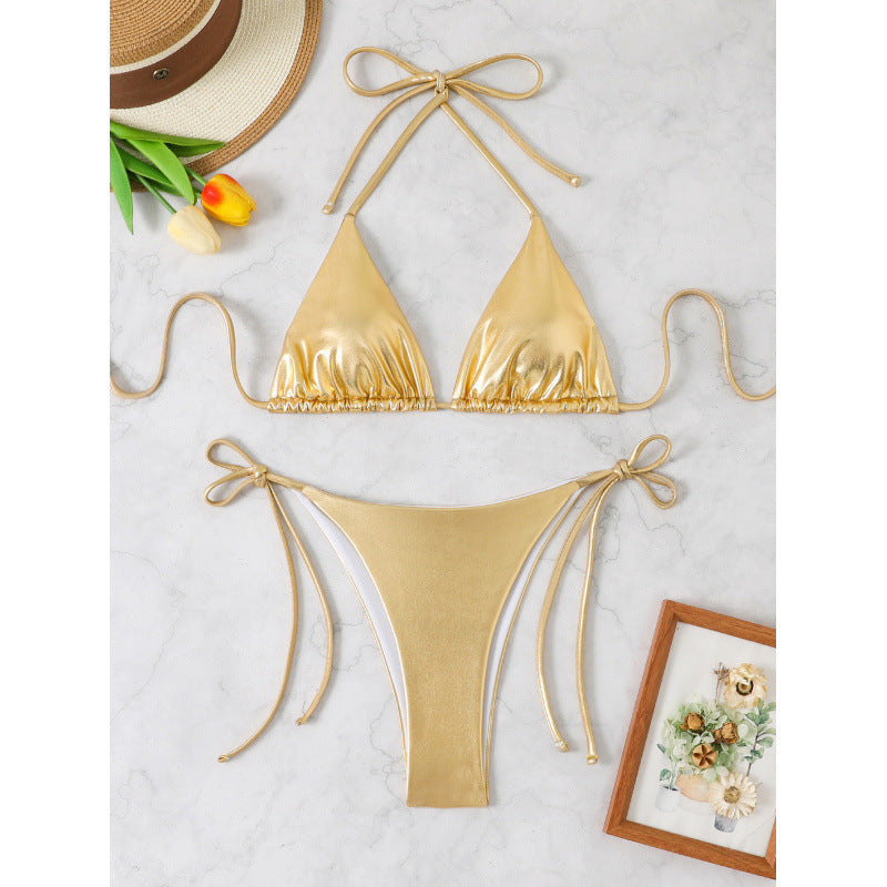 Women Shiny Triangle Bikini with Adjustable Straps Mune Fashion