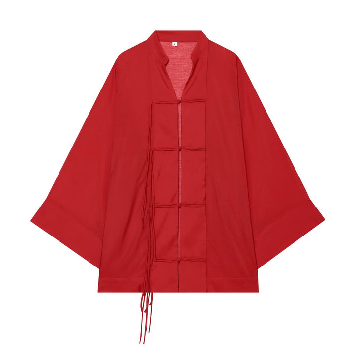 Women Oversize Kimono Jacket with Decorative Knot and Long Fringed Ribbons Mune Fashion