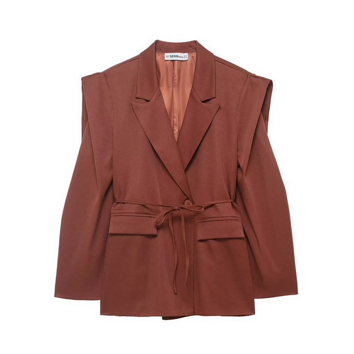 Women's tailored blazer with distinctive shoulder pads, tie belt and flap pockets Mune Fashion