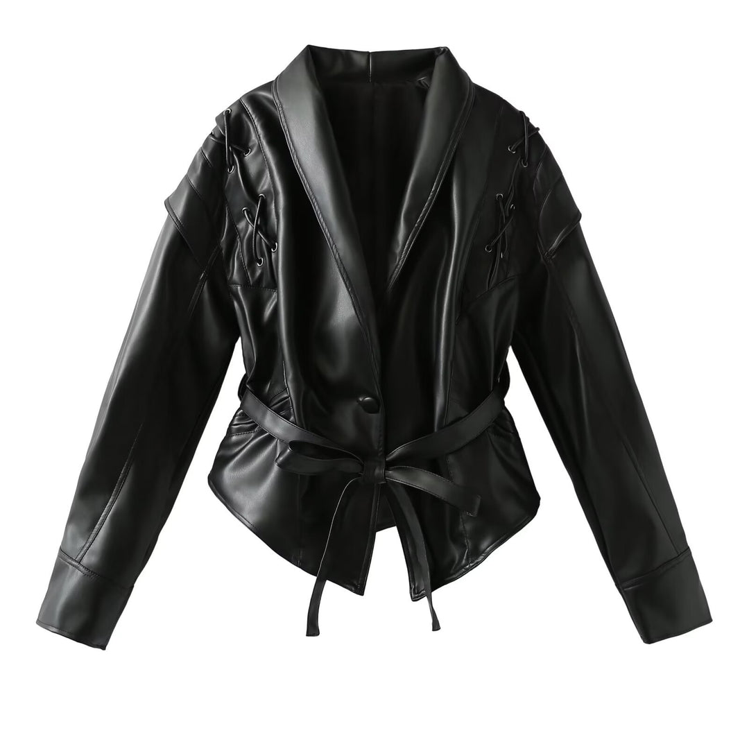 Women's short jacket in suede look with shawl collar, lacing details and waist belt Mune Fashion