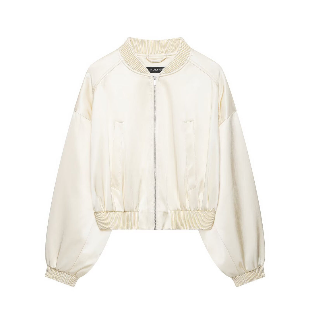 Women's Short Satin Bomber with Oversized Balloon Sleeves and Ribbed Collar Drune