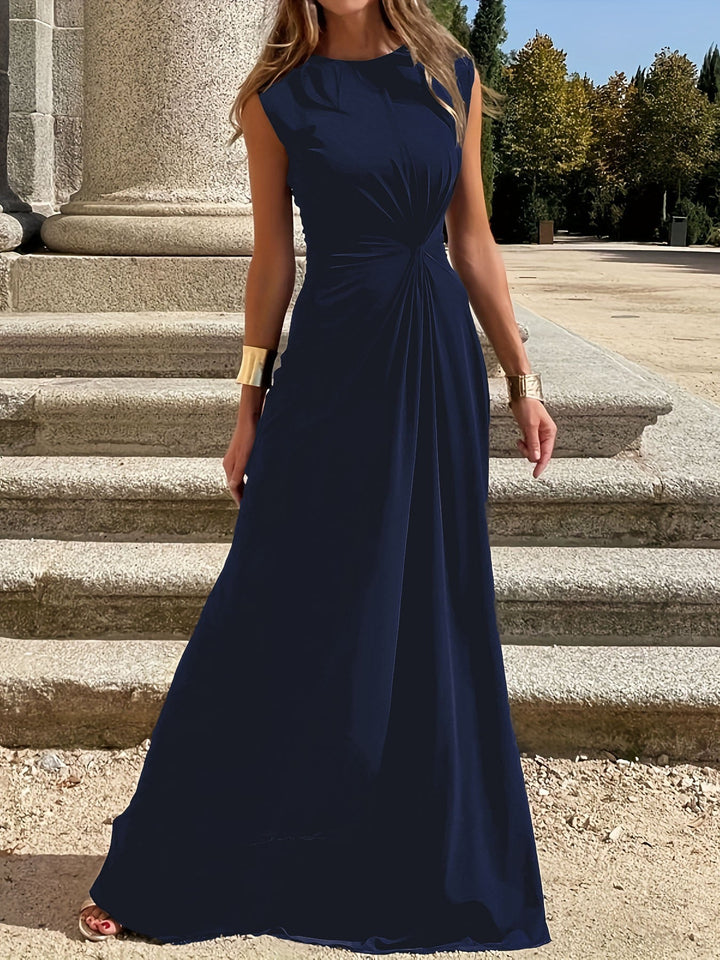 Women Elegant Maxi Dress with Gatherings and Round Neckline Mune Fashion