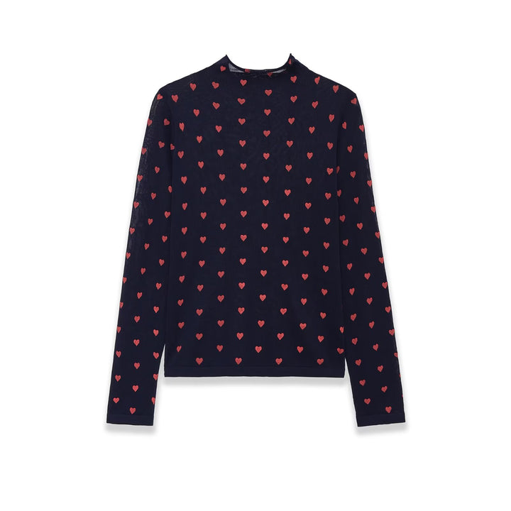 Women Long Sleeve Fine Knit Shirt with Stand-up Collar and Allover Heart Jacquard Mune Fashion