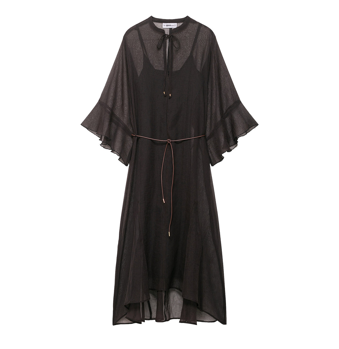 Women Transparent Chiffon Kaftan Dress with Ruffle Sleeves and Drawstring