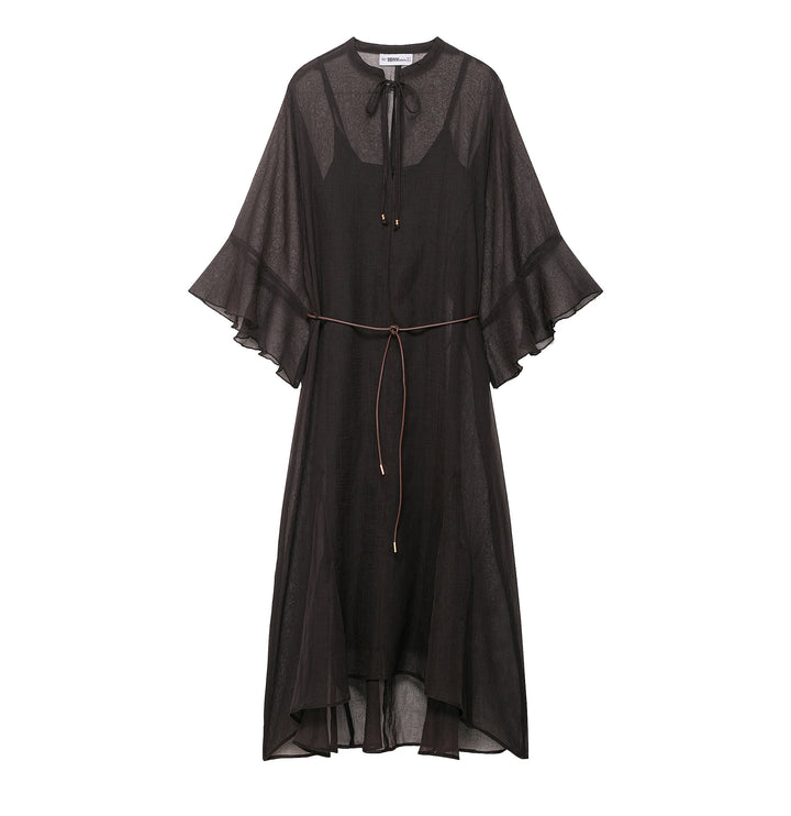 Women Transparent Chiffon Kaftan Dress with Ruffle Sleeves and Drawstring