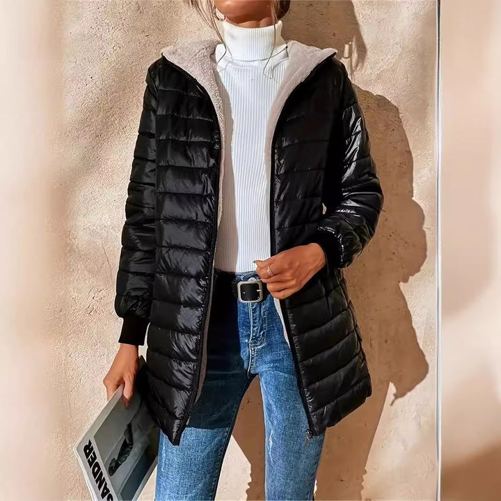Women Long Padded Coat with Teddy Lining and Hood Mune Fashion