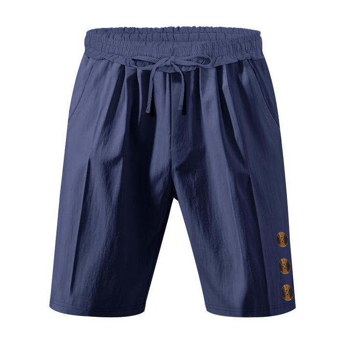 Men's knee-length casual Bermuda shorts with elastic tunnel drawstring waist, side slit pockets, and round decorative appliqués Mune Fashion