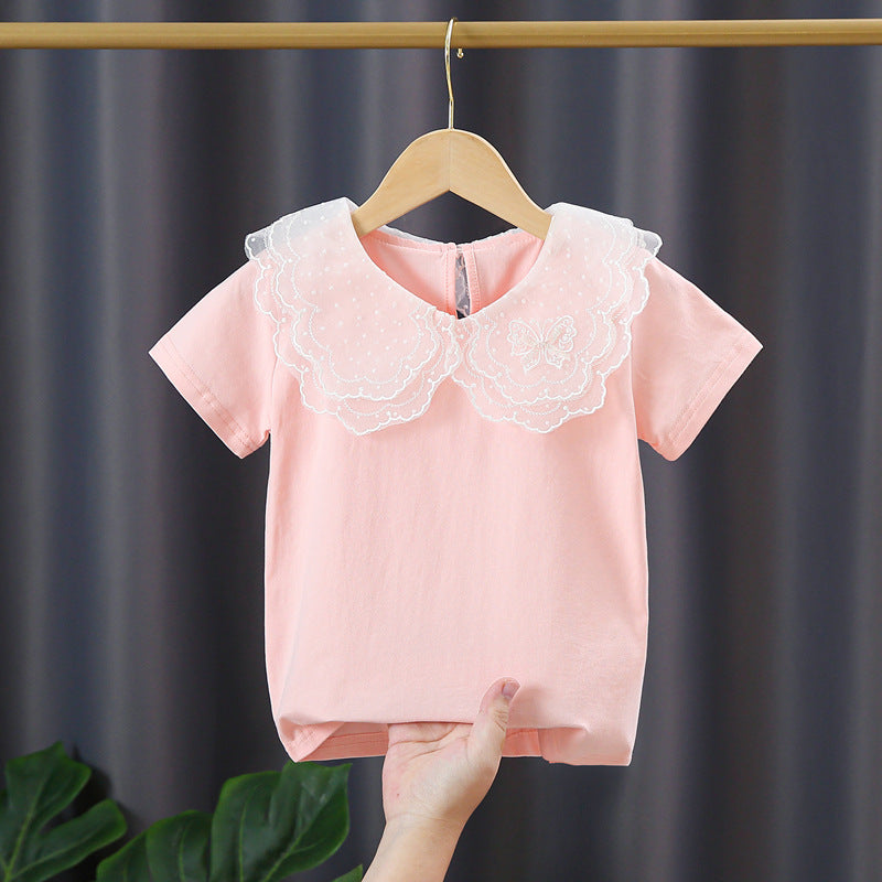 Girl T-shirt with elegant lace insert and large collar Mune Fashion