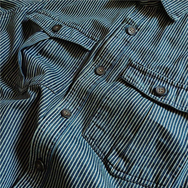 Men's Striped Cotton Worker Shirt with Patch Chest Pockets and Full Button Placket Mune Fashion