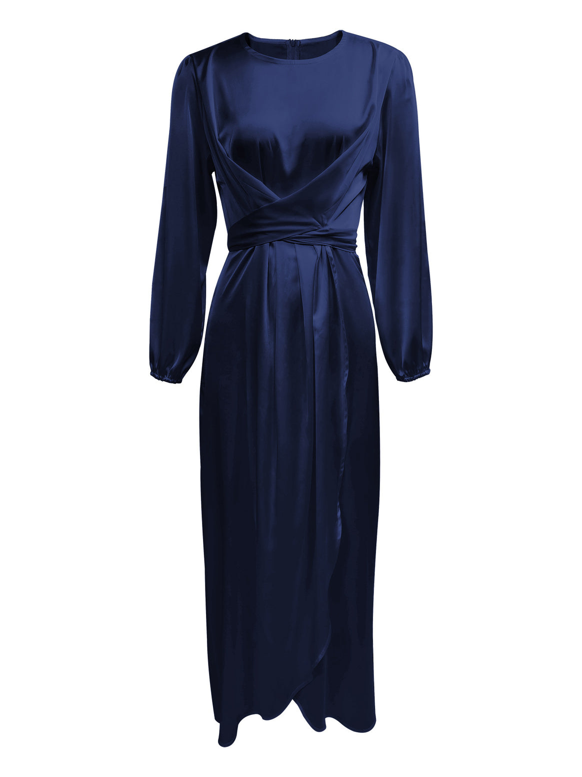 Ladies Elegant Maxi Dress in Satin with Wrap Detail, Long Sleeve and Waistband Mune Fashion