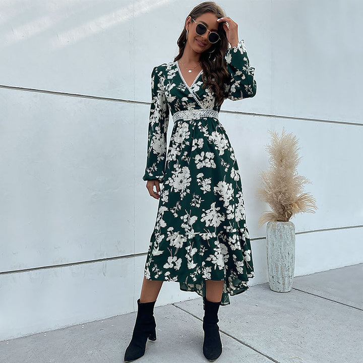 Ladies Elegant Maxi Dress with Floral Pattern and V-Neck Mune Fashion
