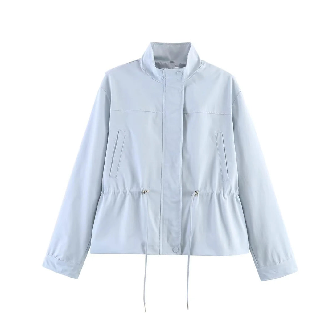 Women's tailored transitional jacket with stand-up collar, drawstring waistband and concealed front placket Mune Fashion