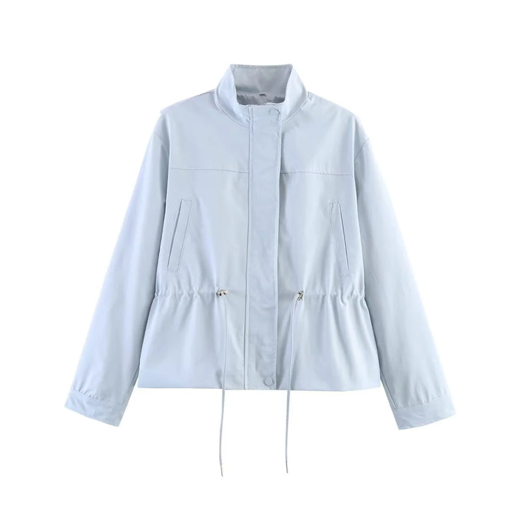 Women's tailored transitional jacket with stand-up collar, drawstring waistband and concealed front placket Mune Fashion