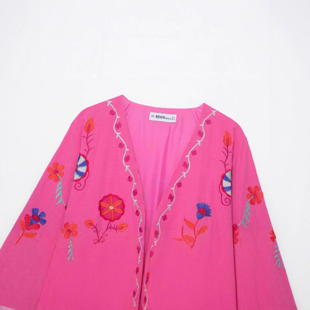 Women's Oversize Light Cotton Cardigan with Colorful Floral Embroidery Mune Fashion