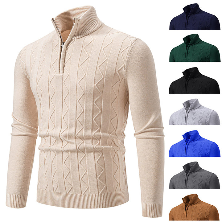 Men Slim-Fit Half-Zip Knit Sweater with Mock Neck, Cable Knit Pattern and Ribbed Cuffs Mune Fashion