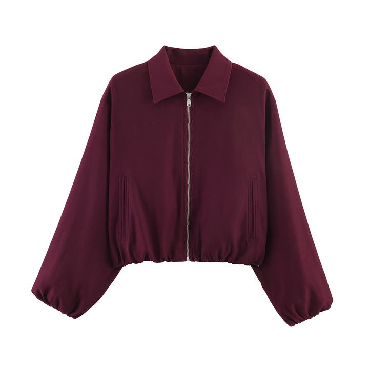 Women's Cropped Bomber Jacket with Balloon Sleeves, Elastic Hem and Lapel Collar Mune Fashion