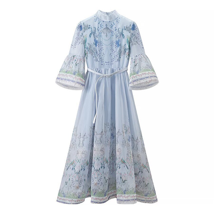 Women's maxi dress with stand-up collar, bell sleeves, floral print and tie belt Mune Fashion
