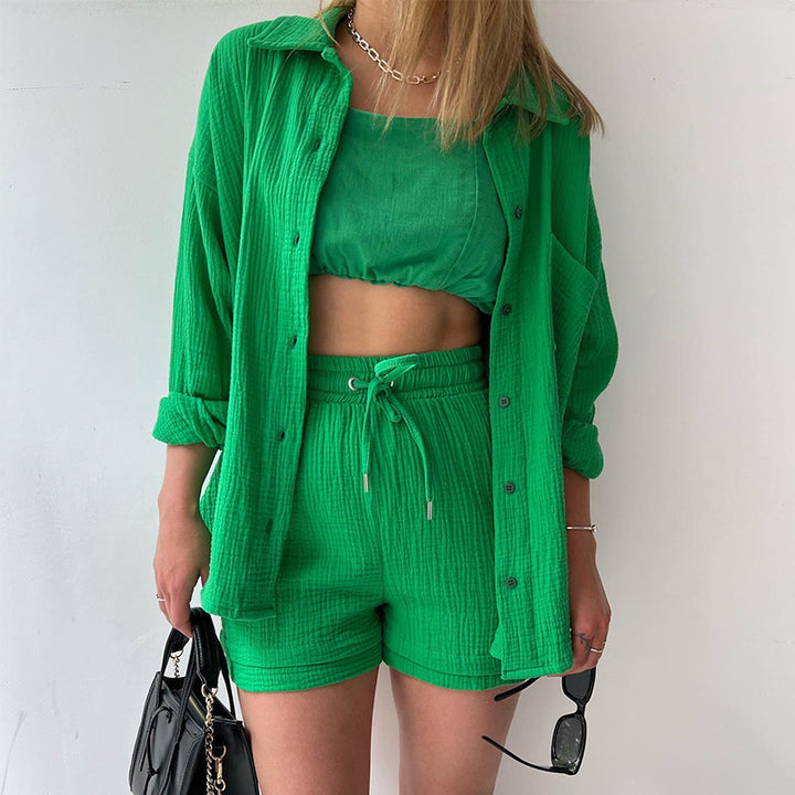 Women's casual oversized shirt and shorts set with chest pocket, drawstring, and brushed cotton texture Mune Fashion